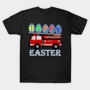 Happy Easter Design for Kids, Firetruck carrying Easter eggs that spell out HAPPY and Easter under the truck. T-Shirt